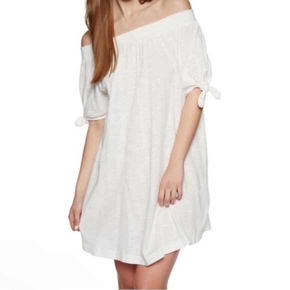 Roxy Bright Blue Sky Off The Shoulder White Cotton Knot Tie Mini Dress Sz M NWT - Picture 2 of 15